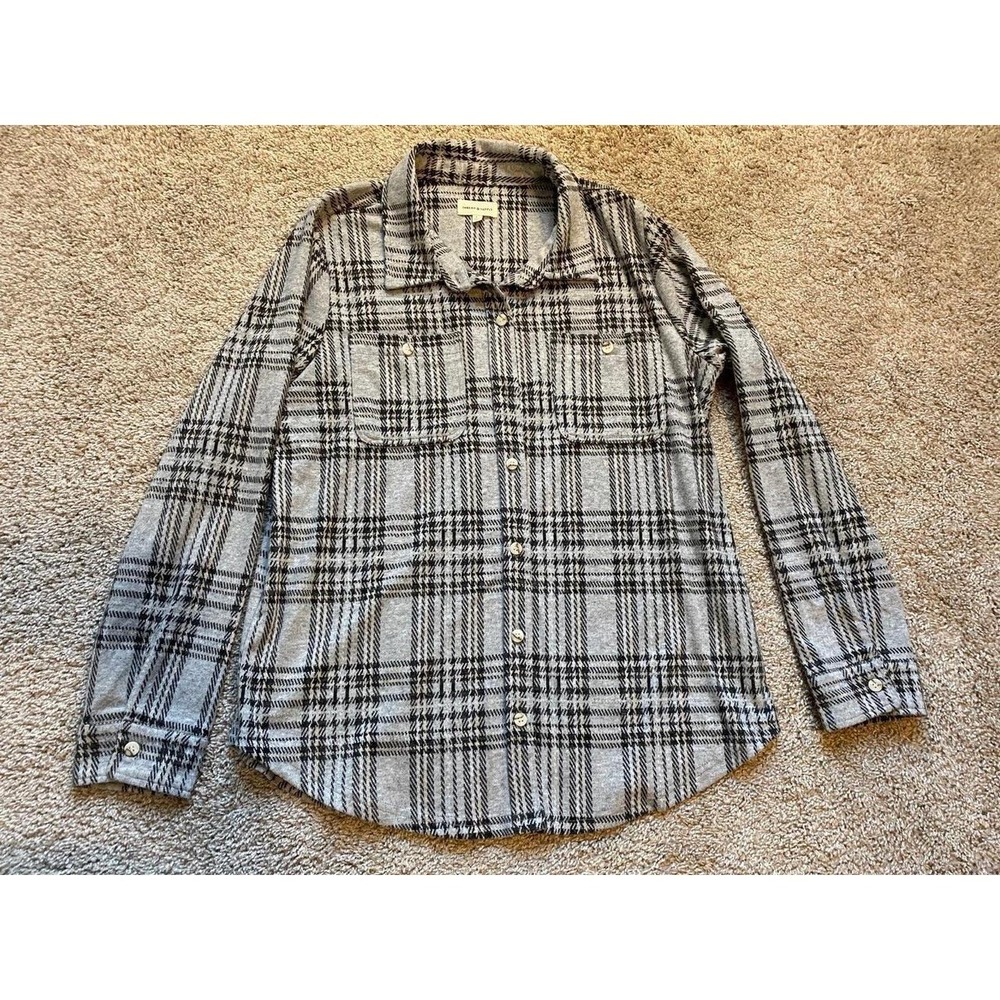 Thread & Supply Women Large Soft Knit Button Up Grey Black Chest Pockets S14